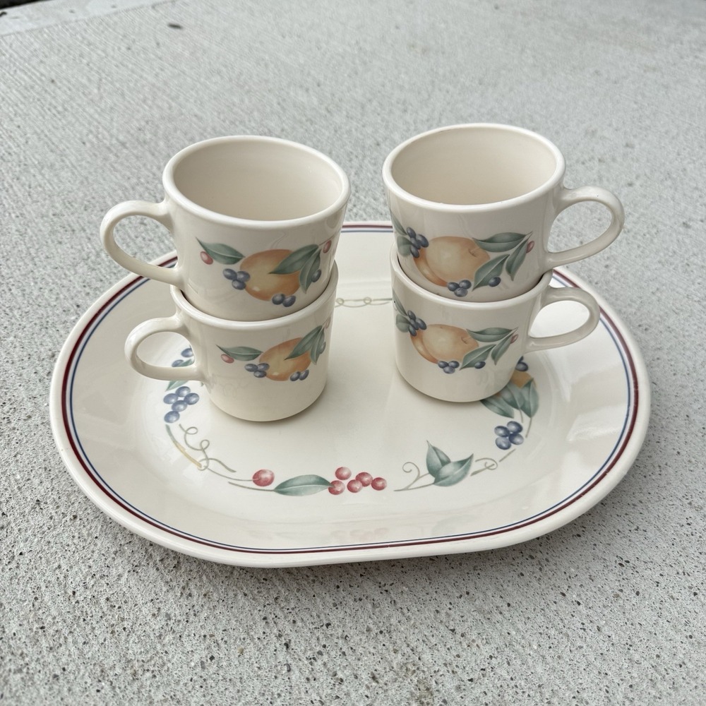 Vintage CorningWare Abundance Fruit Berry 4 Mug Set w/ Tray Cottagecore VTG 90s